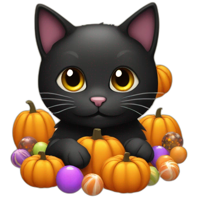 black halloween cat with a pumpkin full of candies emoji