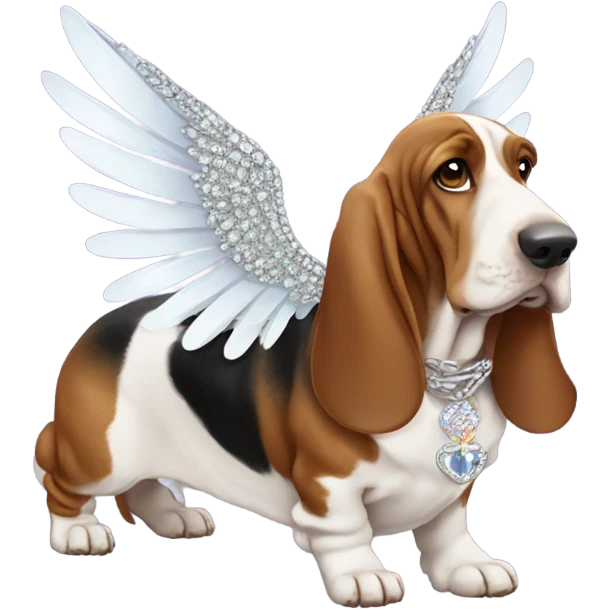 Elderly Basset hound with angel wings, wearing a large letter D bling necklace sat amongst flowers  emoji