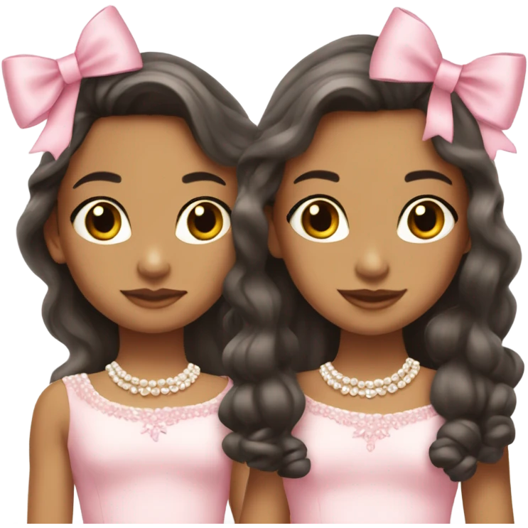 two teenage Latina twins. pink. Long hair. Pink bows. Pearls. Light pink. Diamonds dress. emoji
