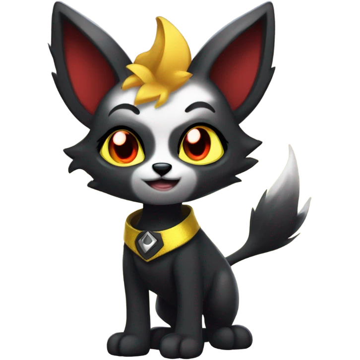 black Shiny Fionbri-Falvie-sparkle-sona with yellow eyes, red edgy markings full body fursona  emoji