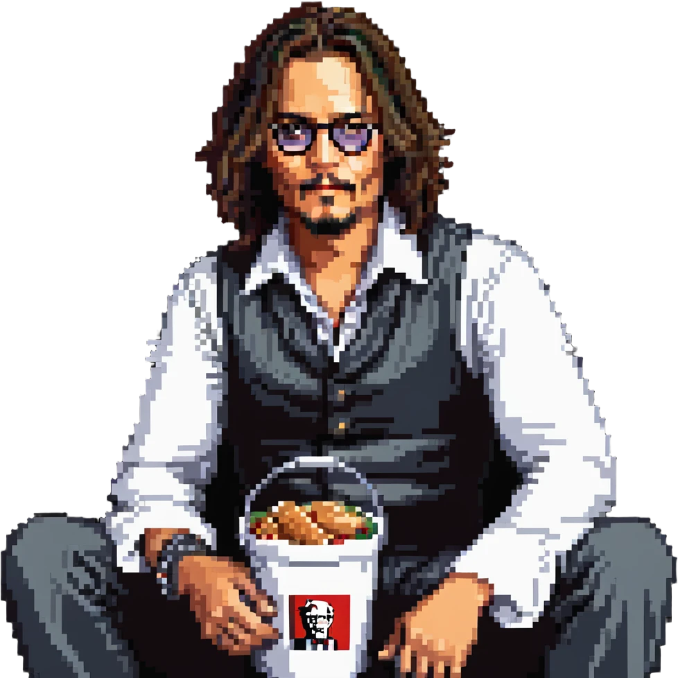Johnny Depp sitting in a KFC bucket, long hair, goatee emoji