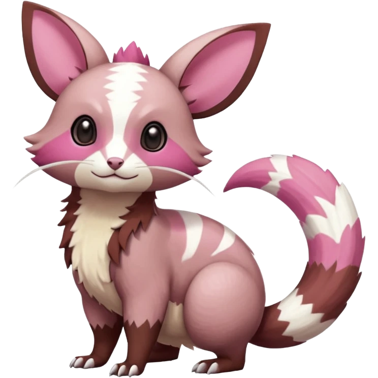 Rare realistic brown-scaled pink, white beige edgy badass epic pretty beautiful handsome gorgeous aesthetic colorful vibrant Vernid-Minccino-Cinccino-Furret-Linoone-Amaura-species-Fakemon-creature by LiLaiRa, random markings, (full body) emoji