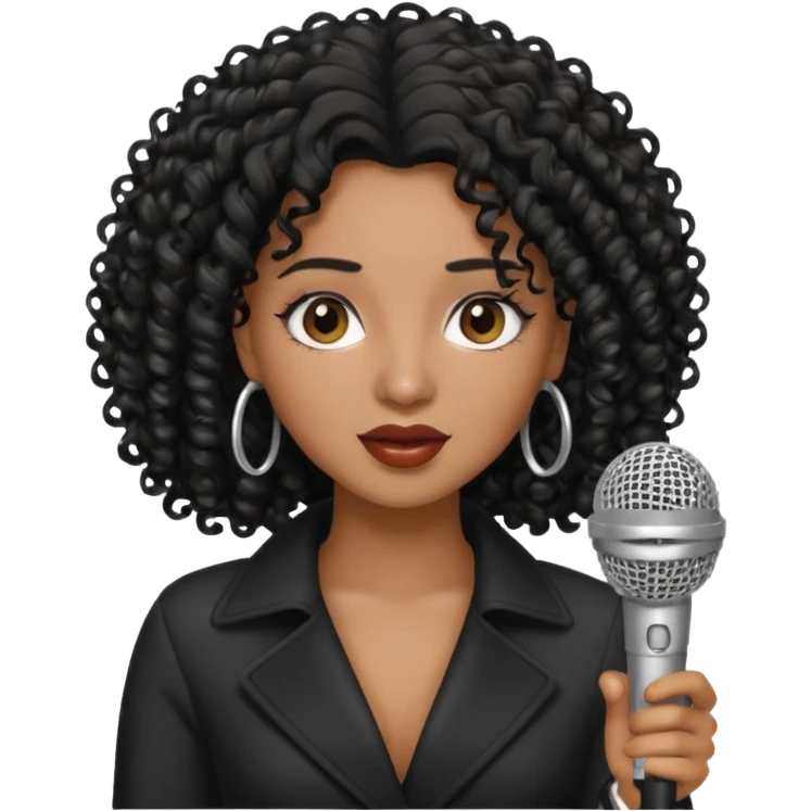 brown skin woman, curly black hair, singer, hold micro emoji