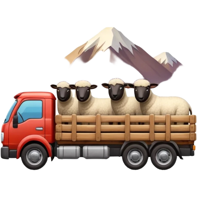 3D emoji of a Peruvian truck transporting sheep in the back, wooden cargo bed, Andes mountain landscape, dusty countryside road, glossy finish, bold outlines, vibrant natural colors, sticker design, transparent background emoji