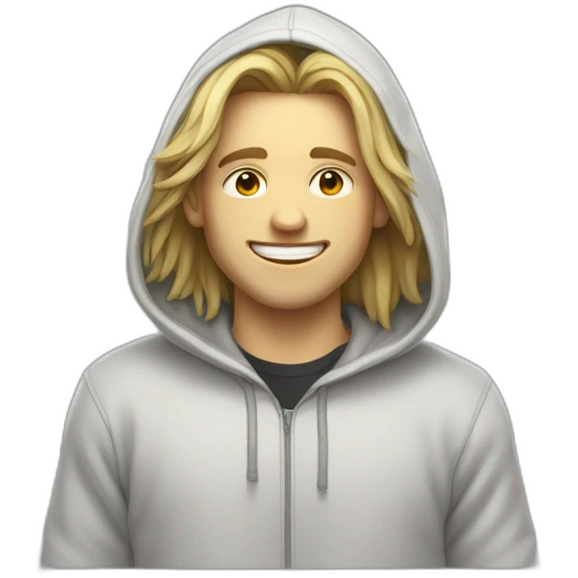 a pale guy with medium long hair wearing a "toxic" hoodie while smiling, from chest to head emoji