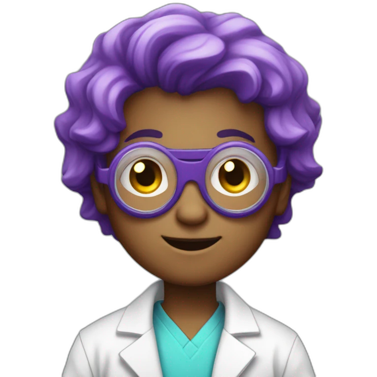 A young boy with a lab coat and blue undershirt with purple hair and goggles in the style of the mad scientist emoji