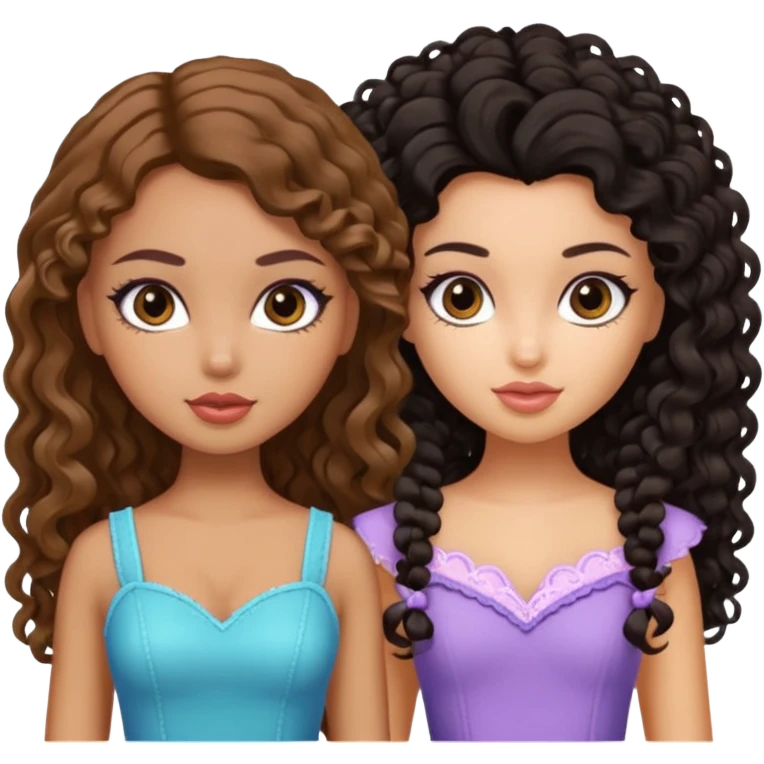 2 pretty bratz fair girls. One has straight brown hair and is tan. One is fair with curly black hair emoji