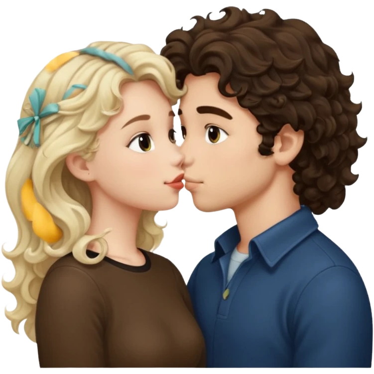 White Italian boy with dark brown wavy fluffy hair and blonde girl that's pale with wavy hair kissing emoji