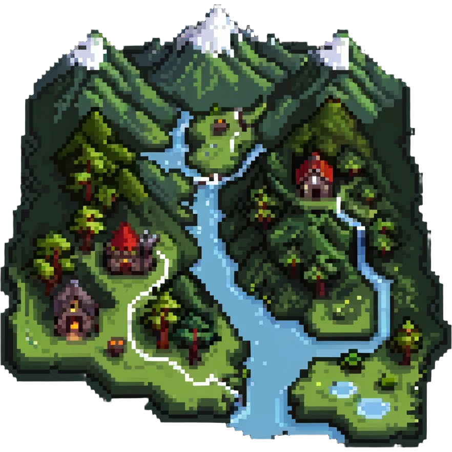 Fantasy game map with mountains, forests, and villages emoji