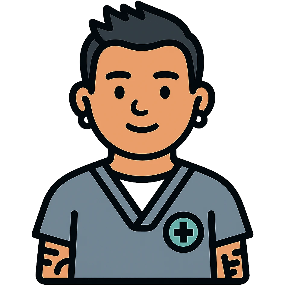 Dr. Efrén Rivera Santiago, a professional and warm doctor with neatly styled short spiked hair, wearing gray scrubs over a white undershirt. He has a calm, reassuring expression with small almond-shaped eyes and a round face. His visible arm tattoos and hook earrings add a touch of individuality. The image should reflect his kind and sharp demeanor. emoji