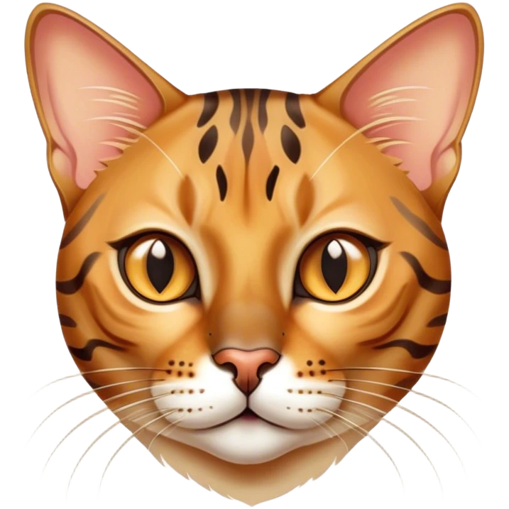 Cinematic Bengal Cat Portrait Emoji, Elegant and striking, sleek spotted brown and gold tones, Simplified yet sharp features, highly detailed, glowing with a warm, confident glow, high shine, playful and curious, stylized with an air of grace, focused and attentive, soft glowing outline, capturing the essence of agility and confidence, so lifelike it feels as though it could spring into motion at any moment! emoji