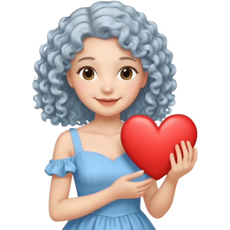 silvery curly/wavy shoulder-length hair smiling lady holding a heart less hair emoji