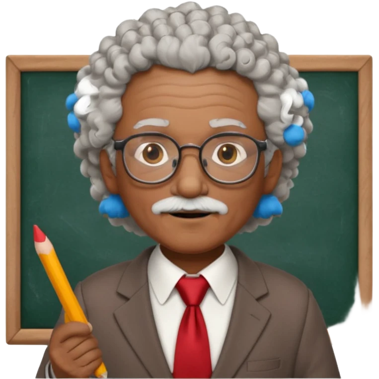 old man teacher, brown skin, curly grey white hai, wearing glasses, brown suit, red tie hold chalk on hand emoji