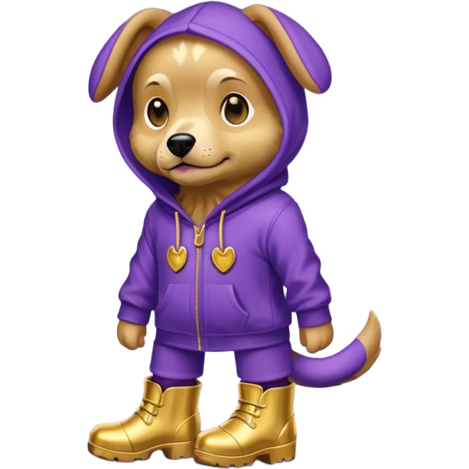 Purple dog wearing a gold hoodie and gold boots emoji