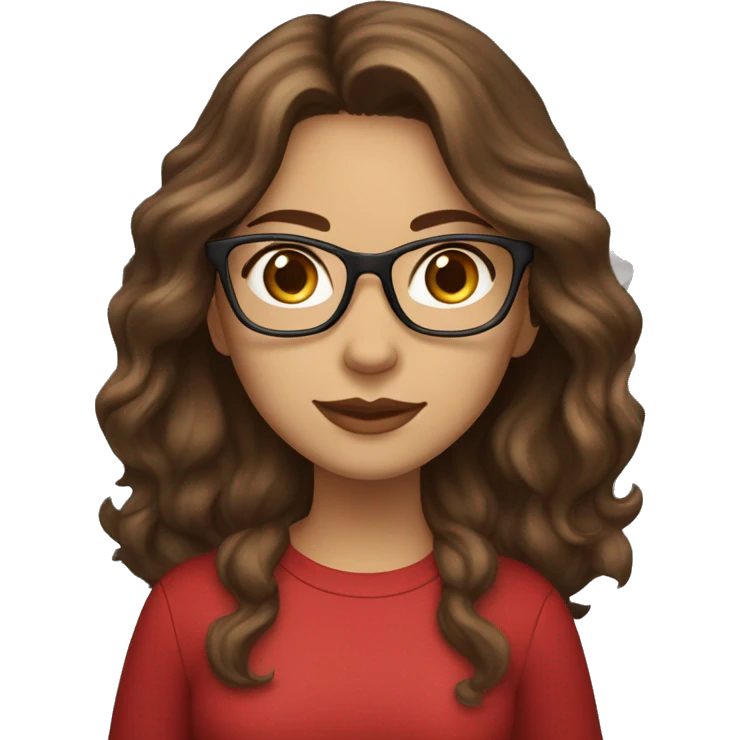 female coder with apple laptop in front of her, long wavy brown hair, brown eyes, type of glasses cat eyes, light skin, dark-brown wavy hair, red clothes emoji
