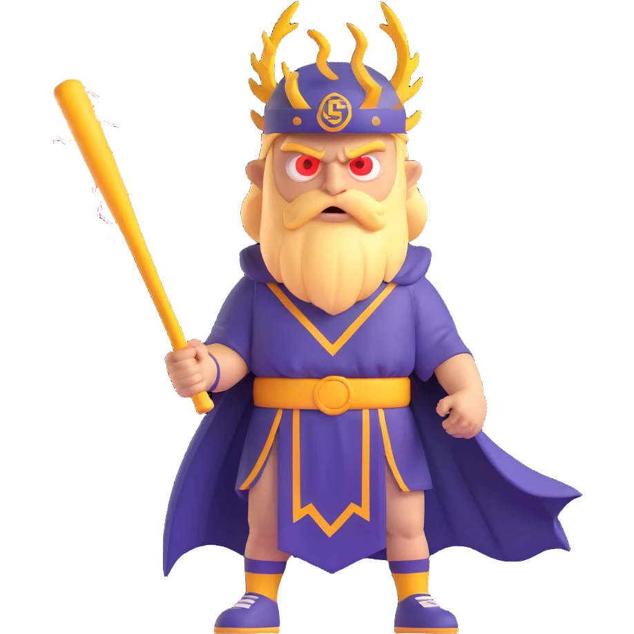 a baseball god with glowing eyes, summoning lightning, in a jersey and toga, bat raised emoji