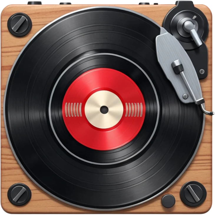3D render of Vinyl Record, vintage 1980s audio equipment aesthetic, tactile analog buttons, shiny black grooved disc with a red center label, mixed wood grain and brushed aluminum textures, Apple emoji style, isolated on white background --v 6.0 emoji