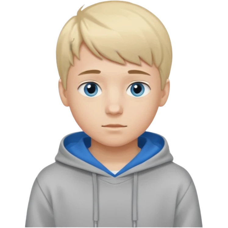Teen boy with blue eyes and Grey hoodie standing up with blond short hair and short bangs emoji