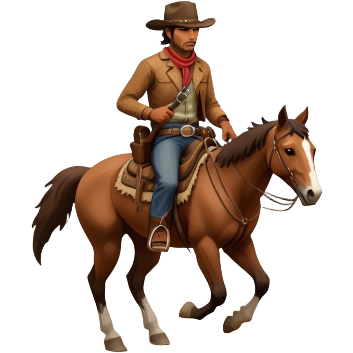 An icon representing an adventure game, inspired by Red Dead Redemption II. The design features a rugged cowboy riding a horse through a vast, open landscape with mountains, deserts, and wild animals. The atmosphere conveys exploration, action, and the thrill of the journey. Transparent background emoji