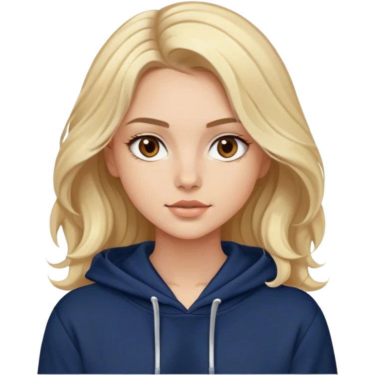 Luxury blonde model, brown eyes, soft sleek wavy hair, wearing a navy hoodie emoji