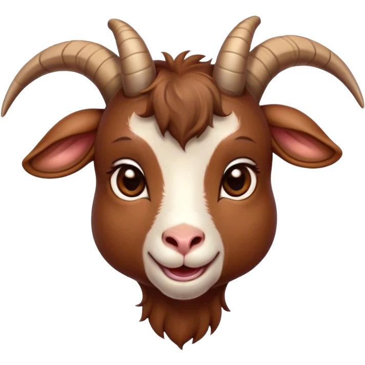 Cinematic Cute Brown Goat Portrait Emoji, Head tilted playfully and inquisitively, featuring a glossy, rich brown fur with charming curved horns, round, sparkling eyes filled with gentle curiosity, Simplified yet irresistibly adorable features, highly detailed, glowing with a warm, friendly glow, high shine, affectionate and lively, stylized with a touch of rustic whimsy, bright and endearing, soft glowing outline, capturing the essence of a mischievous yet loving goat, so playful it feels like it could trot out of the screen and into your arms! emoji
