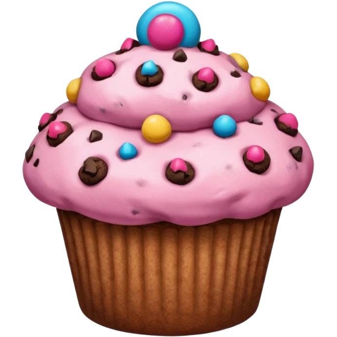 A pink muffin with chocolate chips and chocolate chip cookie topping emoji