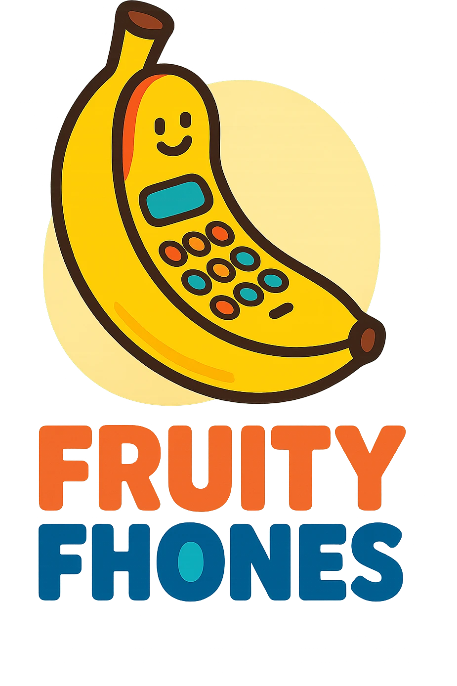 Fruity Fhones logo, a phone shaped as a banana, fun and inviting, for a kids' phone brand emoji