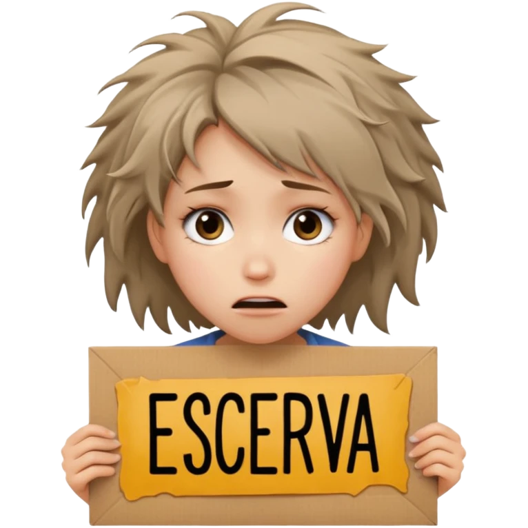 Sad realistic emoji of a young woman with messy hair, holding a cardboard sign that says "ESCREVA-SE", emotional begging expression, cinematic lighting, shallow depth of field, soft blurred background, high detail, viral social media style emoji