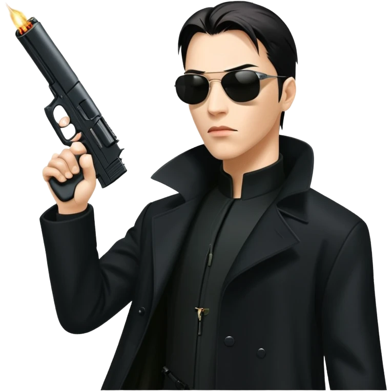Neo from The Matrix in long black coat, sunglasses, and stopping bullets emoji