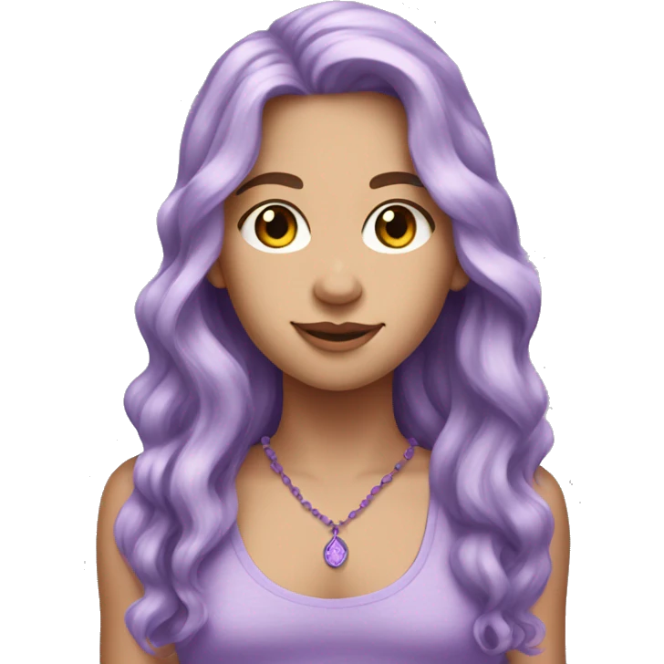 white girl with long wavy lavender hair and a lavender necklace and purple tank top emoji