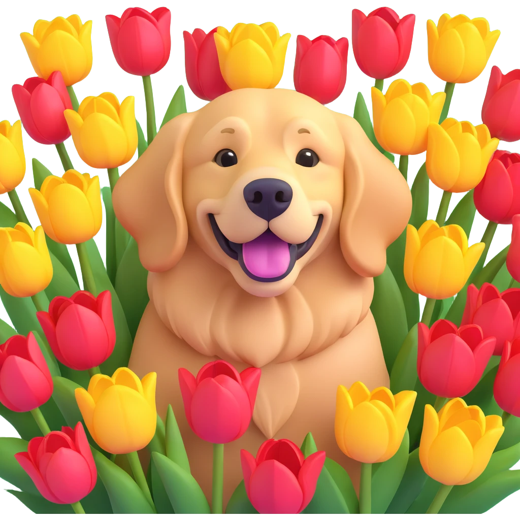 golden retriever surrounded by tulips emoji