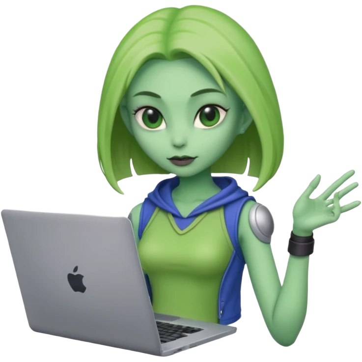 lady alien with only gaming laptop. negative : headphones. emoji