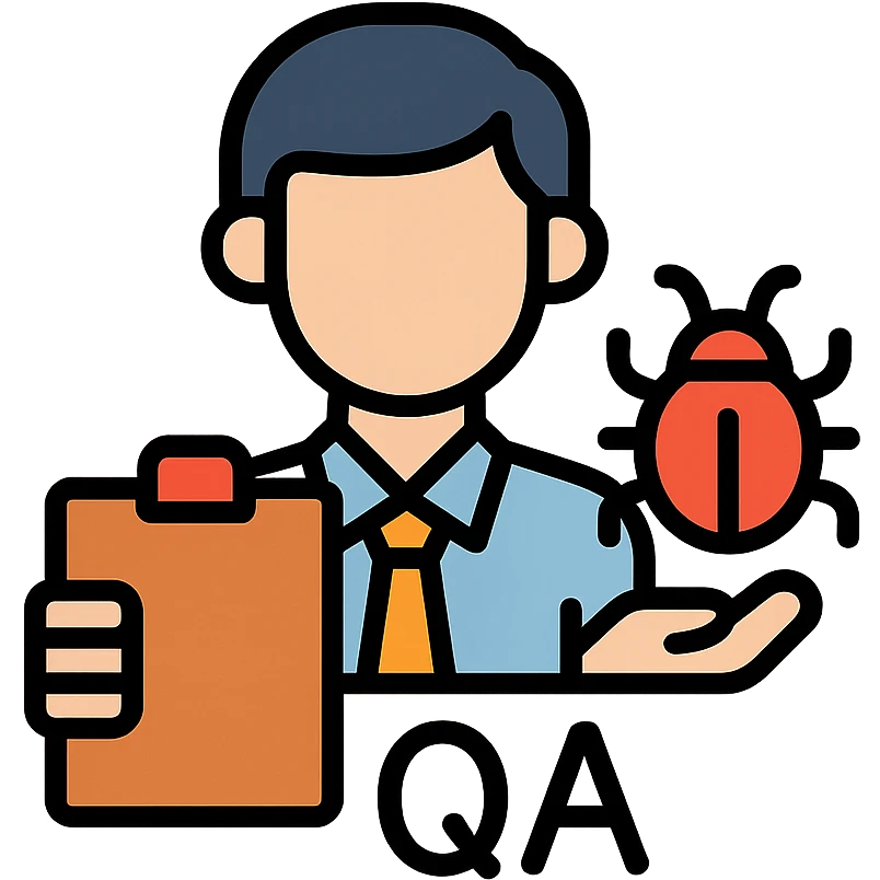 professional QA engineer character holding a clipboard and a bug icon emoji