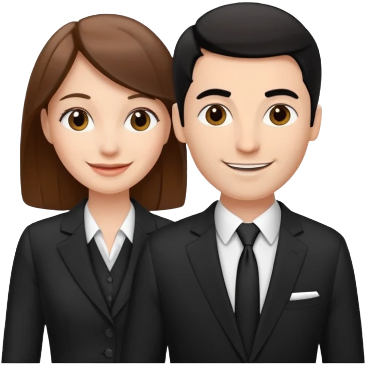 white woman with brown hair and white man with black hair in suits partnership emoji