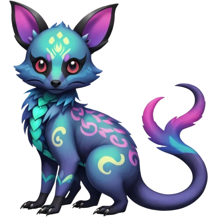 Rare neon iridescent white exotic cute epic aesthetic gothic colorful Salandit-Eevee-Civet-species-Fakemon-hybrid-creature, with intricate tattoo markings, full body emoji