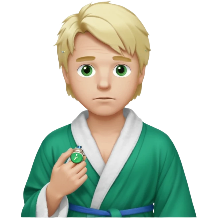 A white man with green eyes, medium-length blond hair, a blue Cartier watch on his wrist, and a black and white bathrobe. His hair is messy, and he has a white pacifier in his mouth. emoji