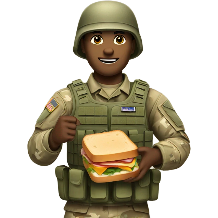 Army soldier with blue eyes and brown hair holding a sandwhich emoji