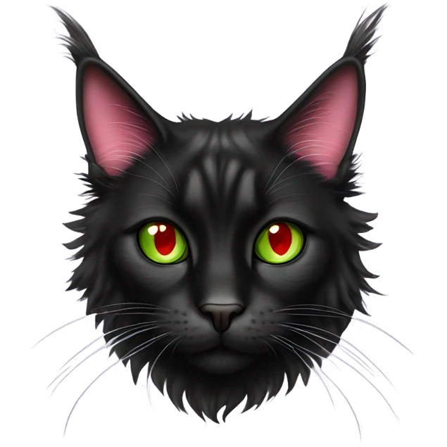 black mainecoon cat with one green eye and one red eye with scar over it and a pink nose and piercings on ears emoji