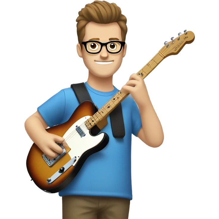 A nerdy white guy with glasses with short brown hair with a small quiff playing a blue classic telescaster emoji
