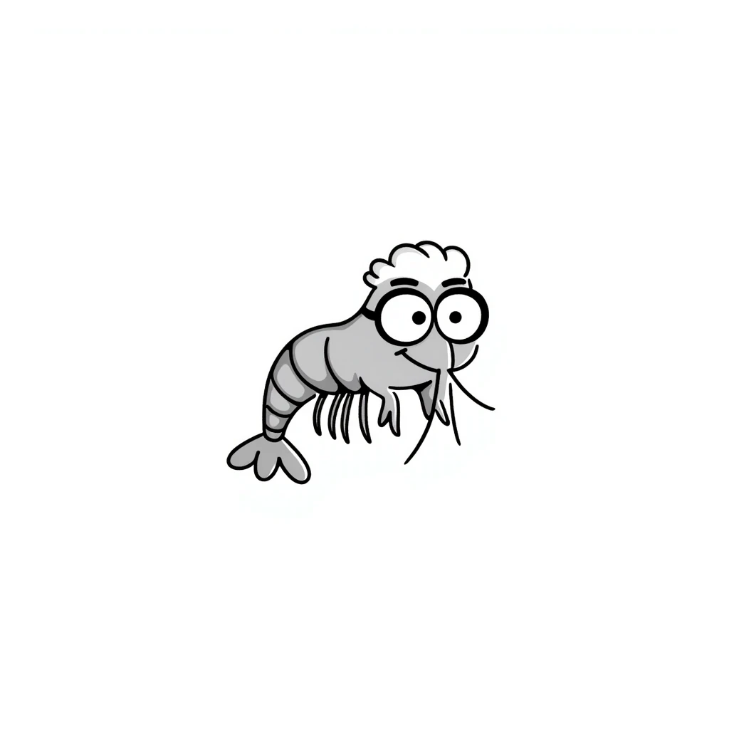 a little shrimp that is old with white hair and glasses, elderly shrimp character with white eyebrows and hair, wearing round glasses emoji