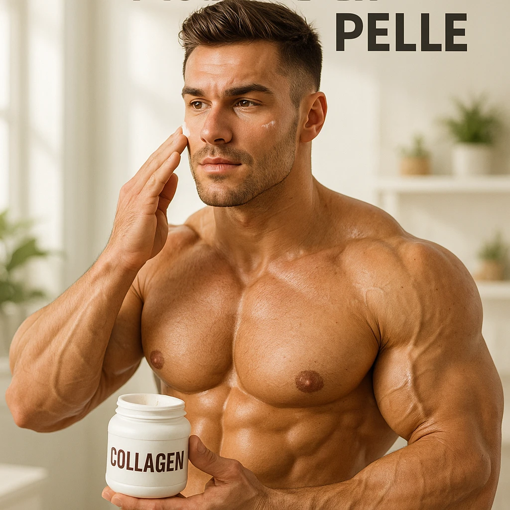 25 year old bodybuilder caring for skin to prevent sagging, hyper realistic style, defined muscles, using collagen supplements, motivational atmosphere, text 'Proteggi la tua pelle', realistic details, bright environment emoji