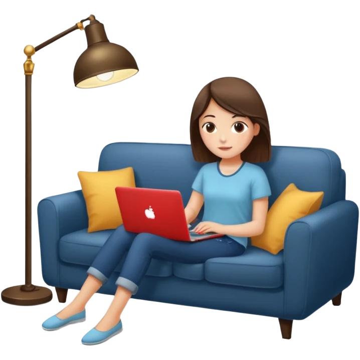 A girl is working with a laptop while lying on a sofa, with a floor lamp to the right. emoji