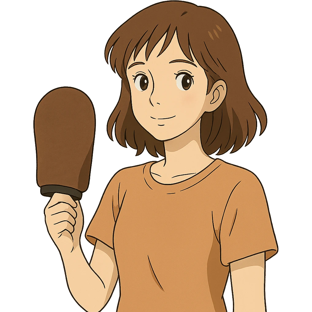 ghibli style pale skintone woman with brown hair holding a tanning mitt emoji