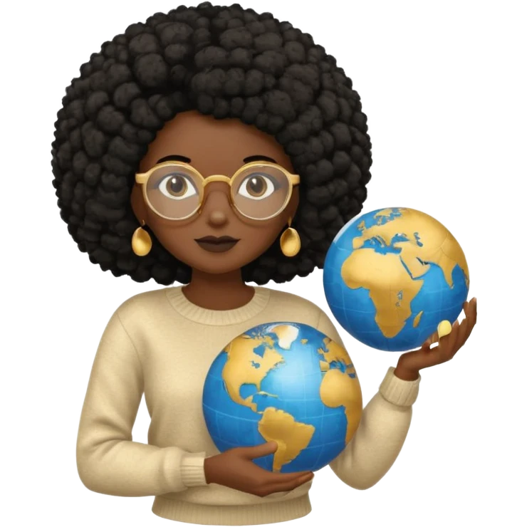 a young woman wearing gold round glasses and black afro hair, she has medium-dark skin, she's wearing a sweater and she's holding a globe in her hand emoji