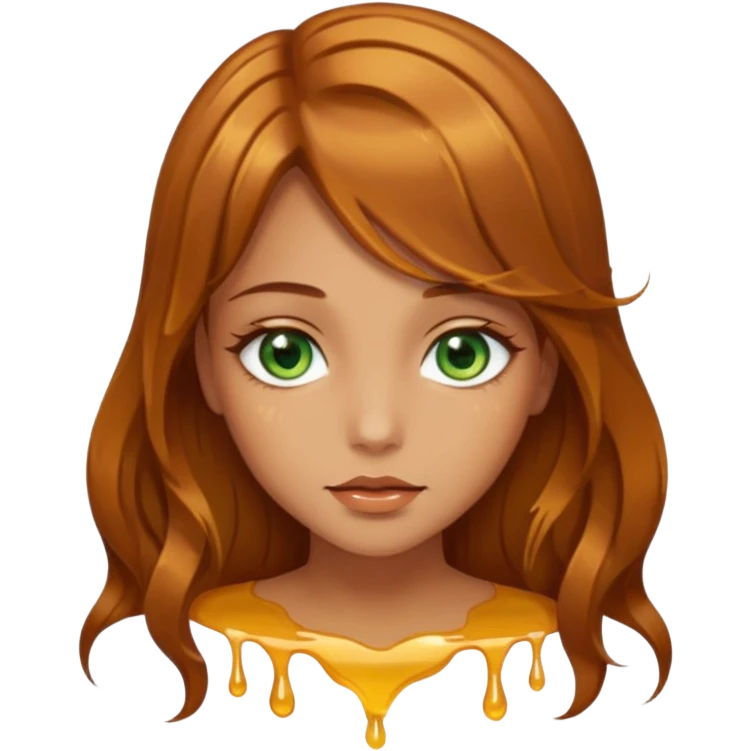Pretty girl, with brown honey hair and green eyes and hair strands dripping honey emoji