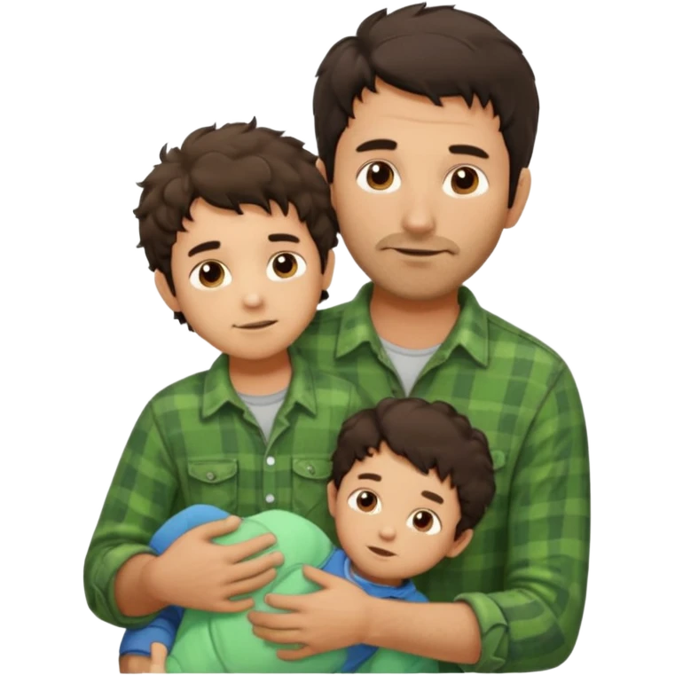 A father with messy medium-length dark hair and light stubble, wearing a green flannel shirt. He holds his one child who has short curly brown hair and a cream-colored romper. Cozy warm lighting, authentic family moment. emoji