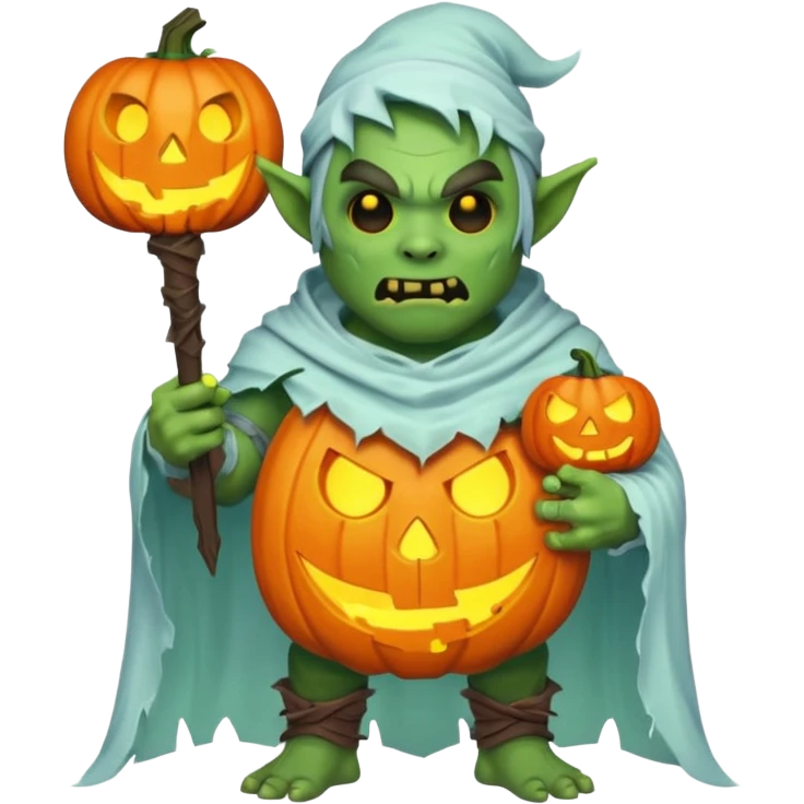 male orc warrior ghost emoji, green skin, wearing torn white ghost sheet costume, holding glowing jack-o'-lantern, faint blue aura, friendly but spooky expression, Halloween fantasy theme, Apple emoji style, clean white background, square emoji
