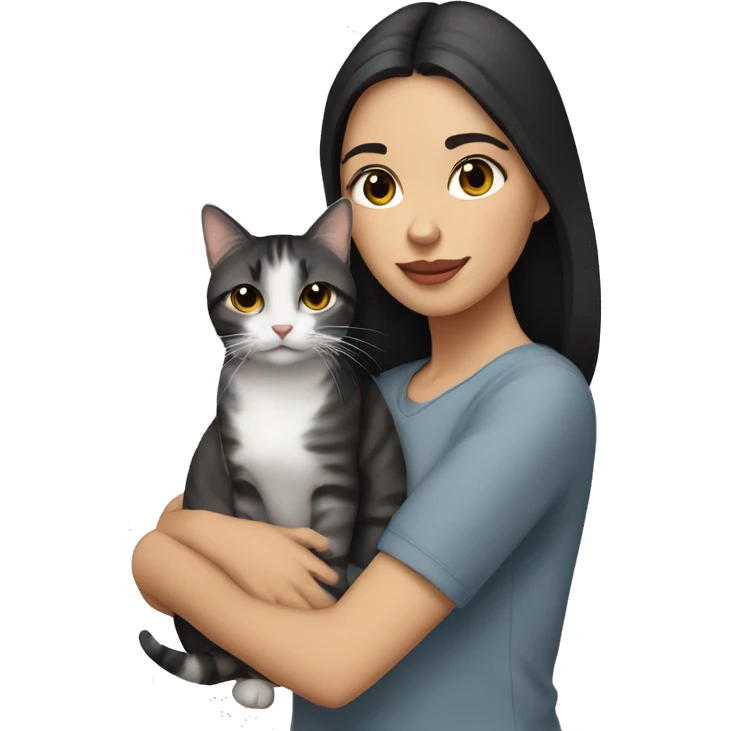 A black haired white girl with hazel eyes holding a gray tabby cat emoji