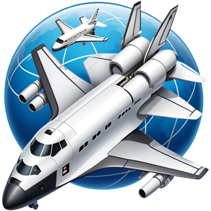 An icon featuring a collage of a space shuttle, a drone, and an airplane, symbolizing aerospace technology. The design includes rocket engines, wings, and flight paths, representing advancements in aviation and space exploration. Transparent background highlights cutting-edge aerospace engineering. emoji