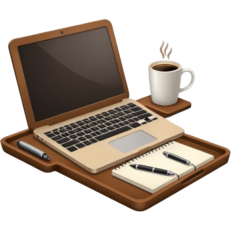 Laptop on the rectangular brown coffee tray, coffee and notebook emoji